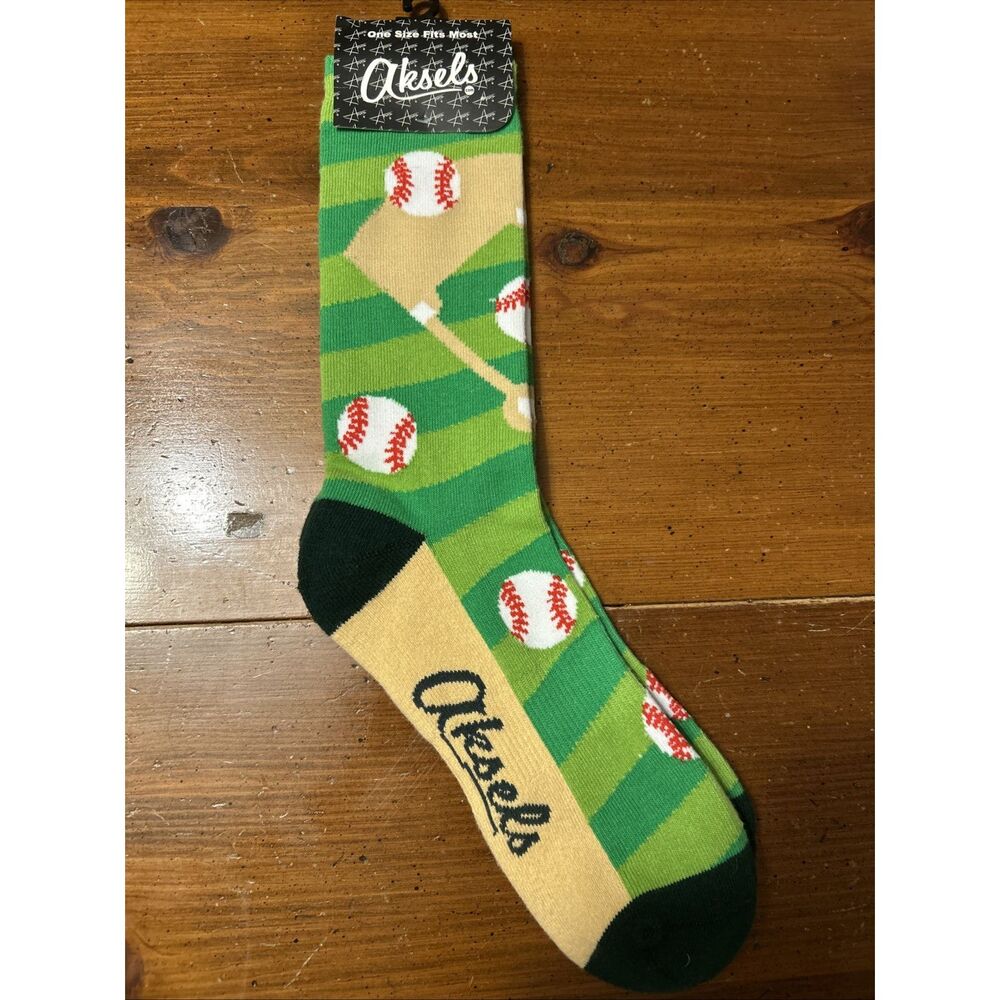 Askels | NWT Baseball Novelty Crew Socks | Green Field Print | One Size Fits Mos